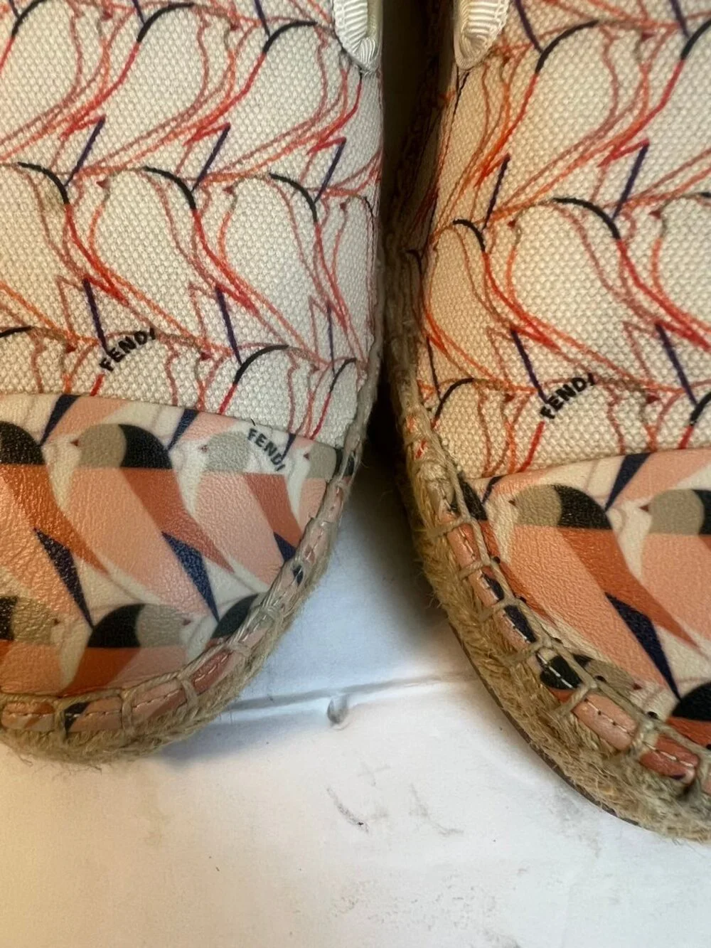 Fendi Pink White Navy Patterned Espadrille Flats